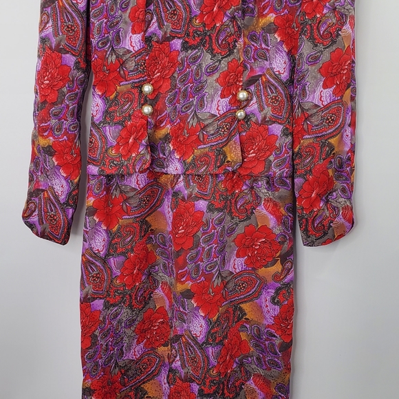 Vintage 80s Maggy Boutique Floral Printed Satin Suit Dress Pearl Buttons - Picture 4 of 9